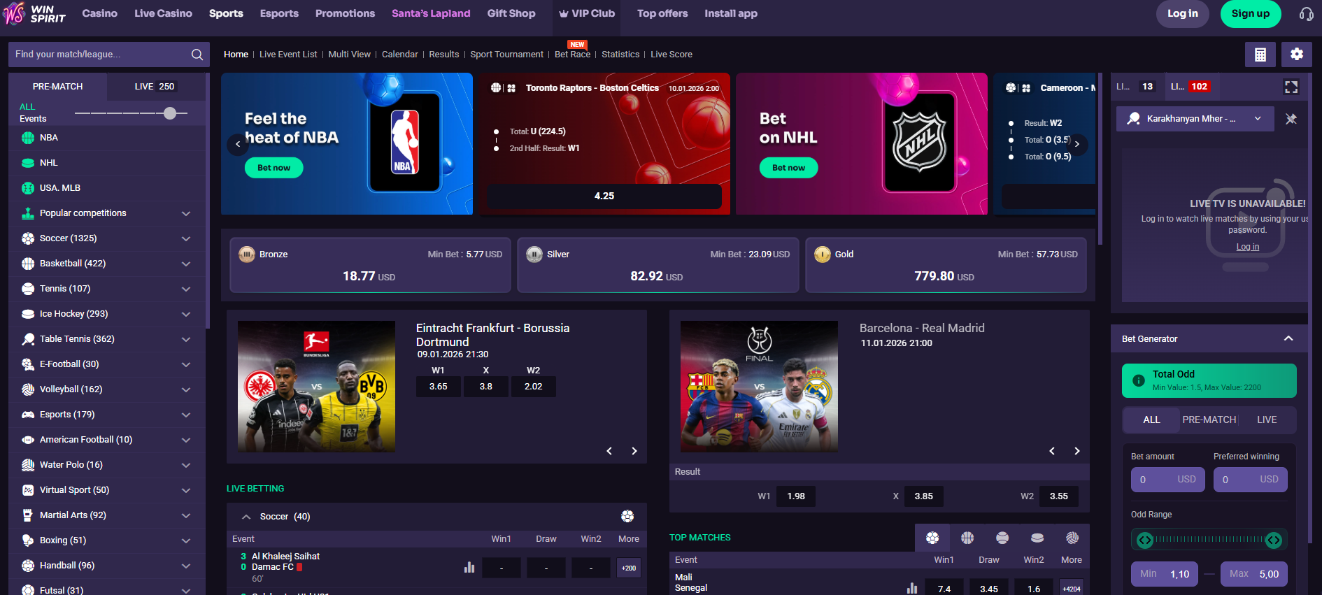 WinSpirit live casino tables